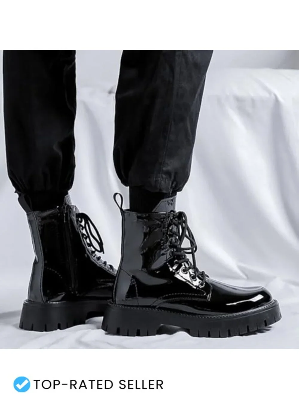 Men's Platform Combat Boots Patent Leather Lace Up Side Zipper Chunky Lug Sole